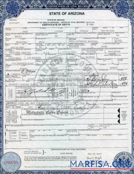 Blank USA state Arizona death certificate template in PSD format, version 2